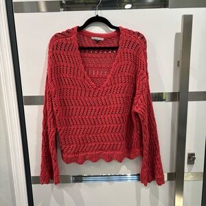 American Eagle V-Neck Sweater Women’s Large Red Cable Knit